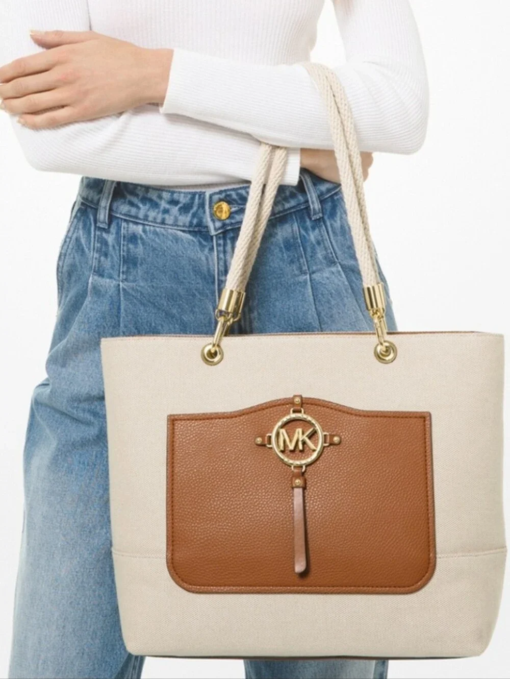 Michael Kors Cream Canvas Tote with Tan Leather Pocket